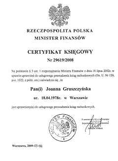 Certyfikat Joanny Gruszczyńskiej