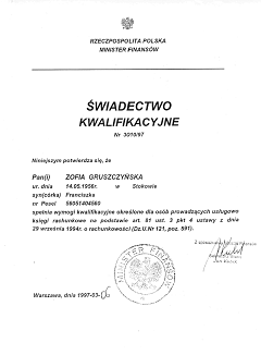 Certyfikat Zofii Gruszczyńskiej